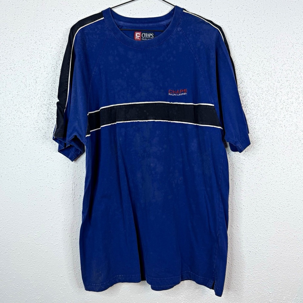 Chaps Ralph Lauren Men's Blue Colorblock Logo Crewneck Cotton Knit Tee Size L